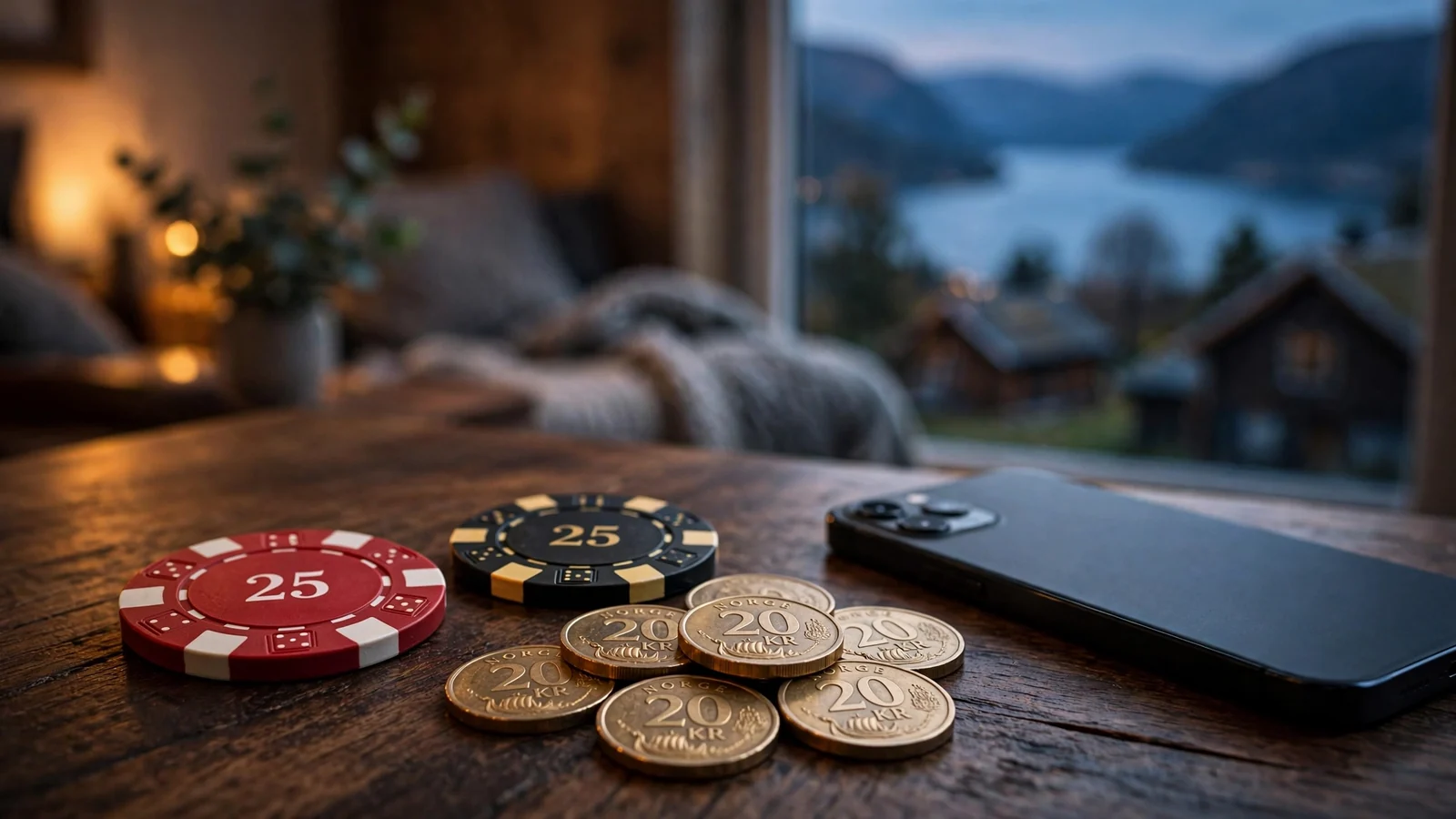 Casino-jetong og norske 20-kroners mynter på et trebord ved skumring
