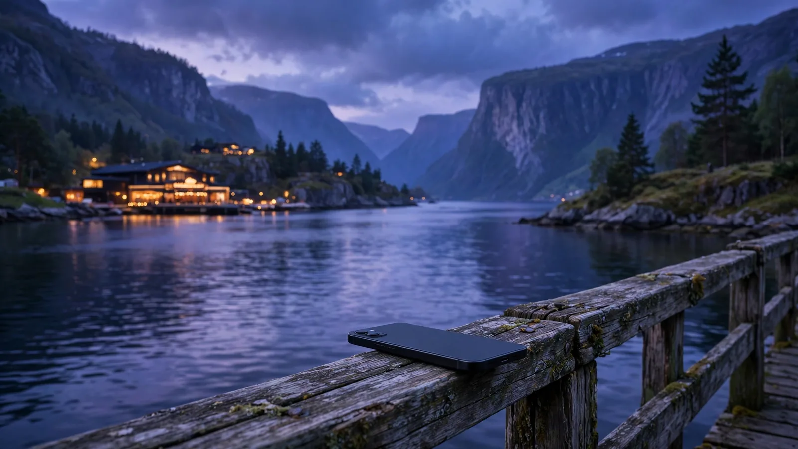 Smarttelefon på trebrygge ved norsk fjord i skumring, opplyst bygning i bakgrunnen
