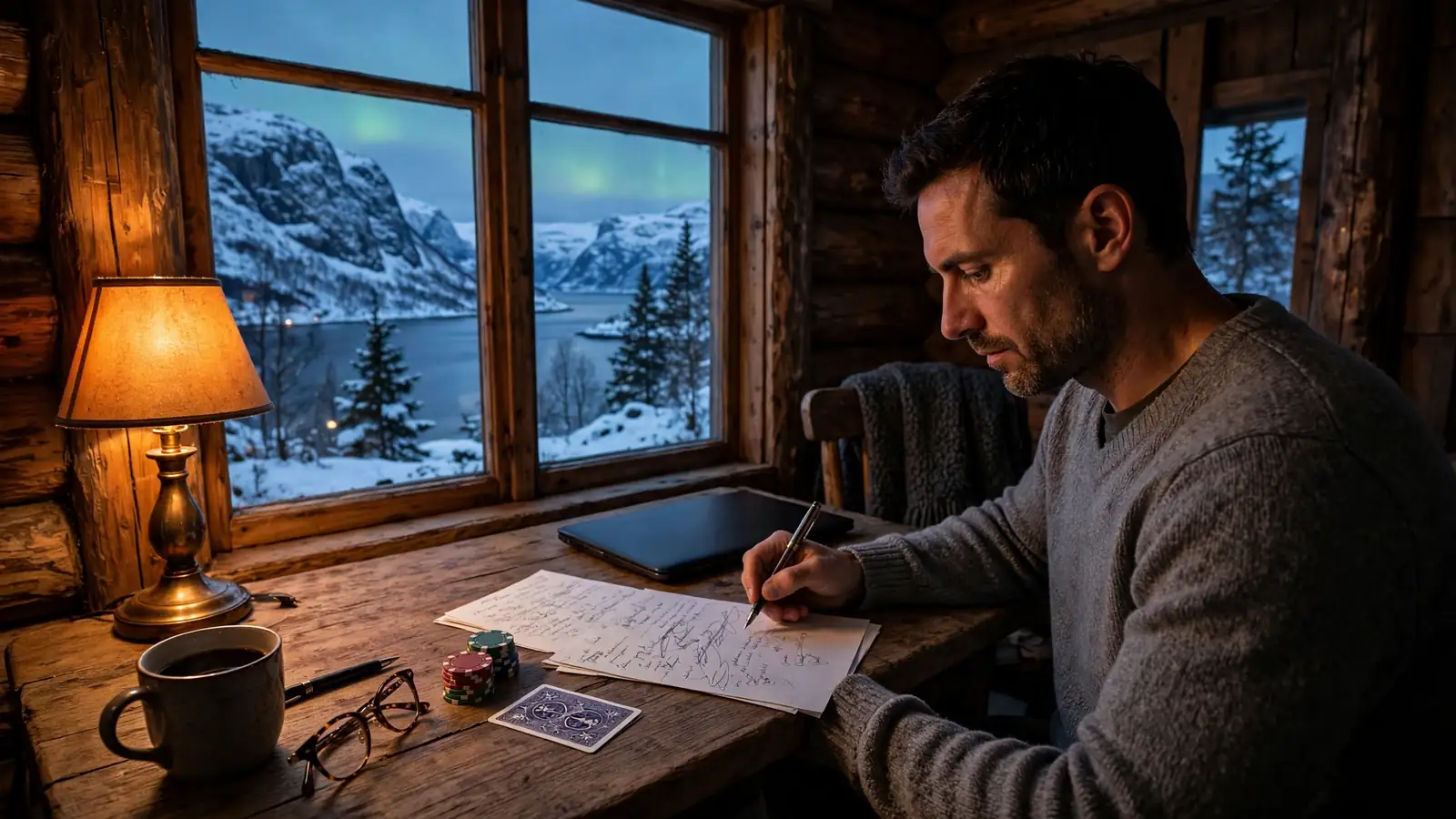 Ekspert som vurderer et nettcasino i en norsk hytte ved fjorden