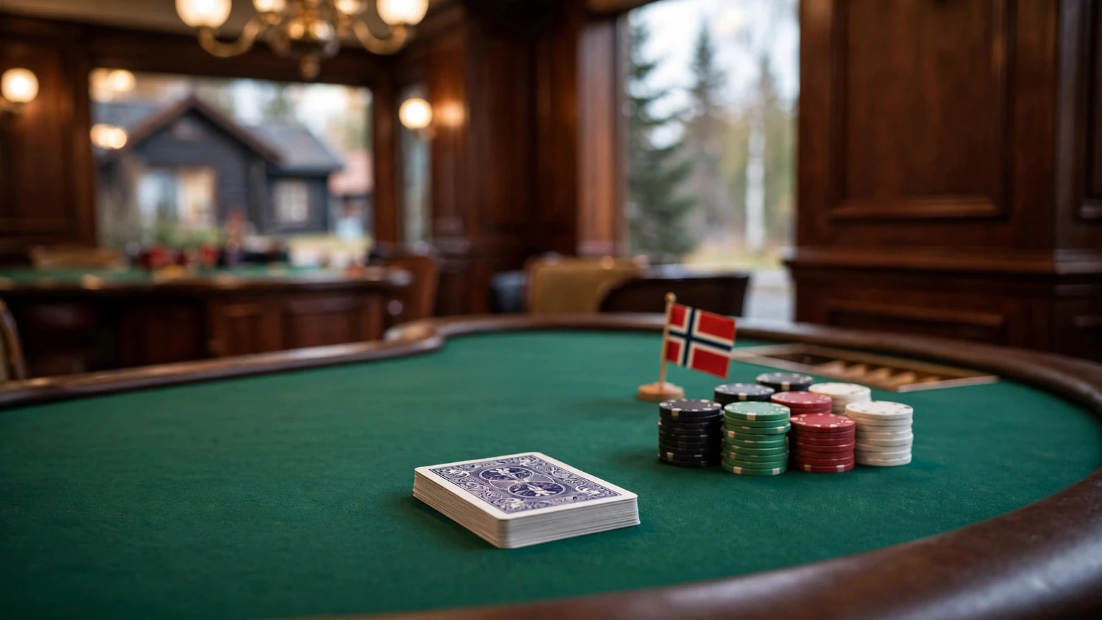 Tomt blackjackbord i elegant norsk casino med kort og jetonger