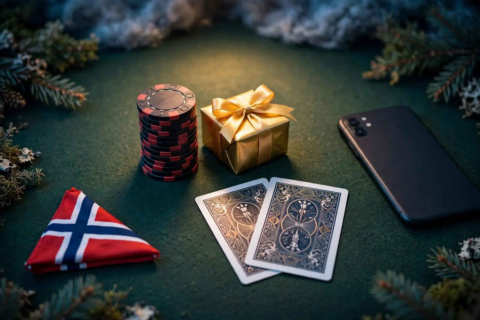 Stabled casinojetonger og en gaveeske på grønt filtbord, norsk flagg i bakgrunnen