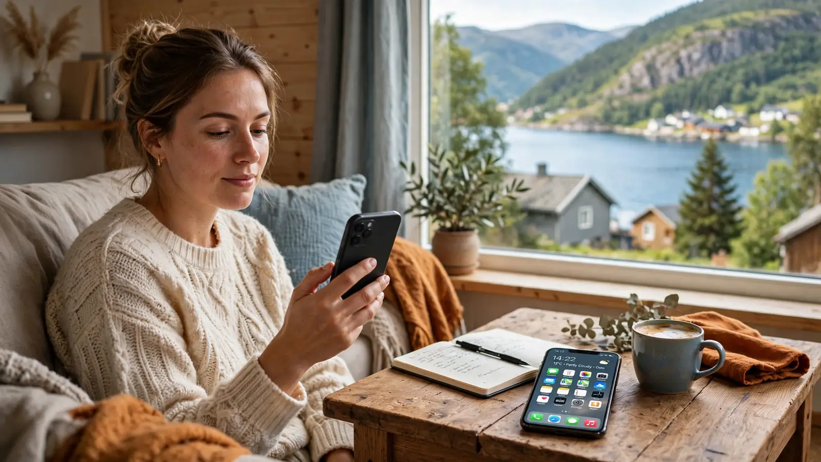 Nordmann holder en smarttelefon i stuen med utsikt over fjorden