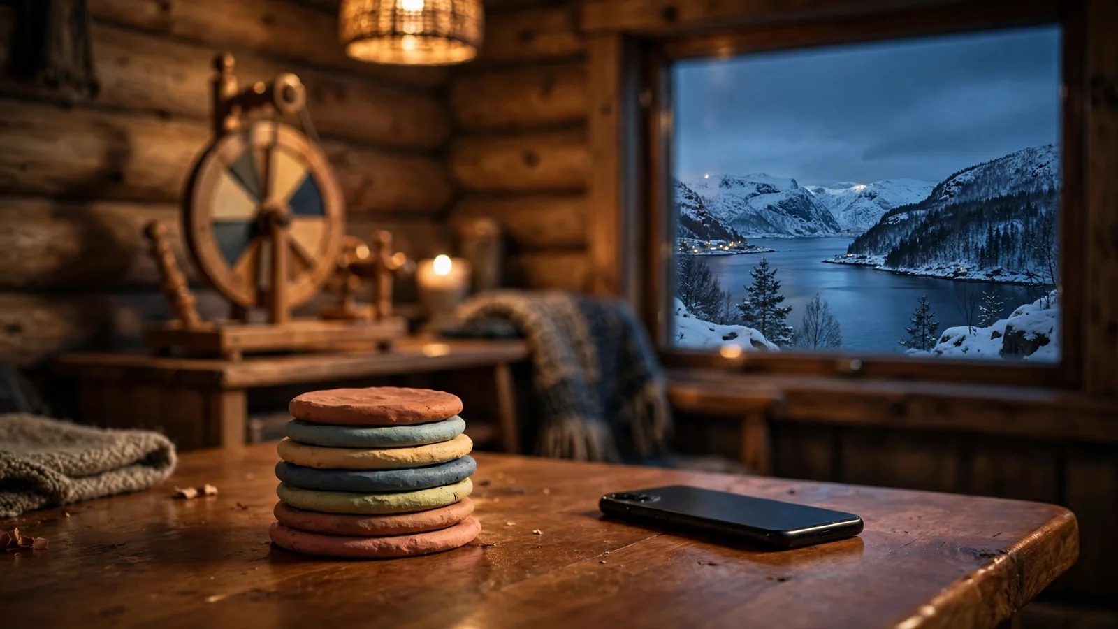 Norsk hytte med casinokolikker og roulette på bordet ved fjord