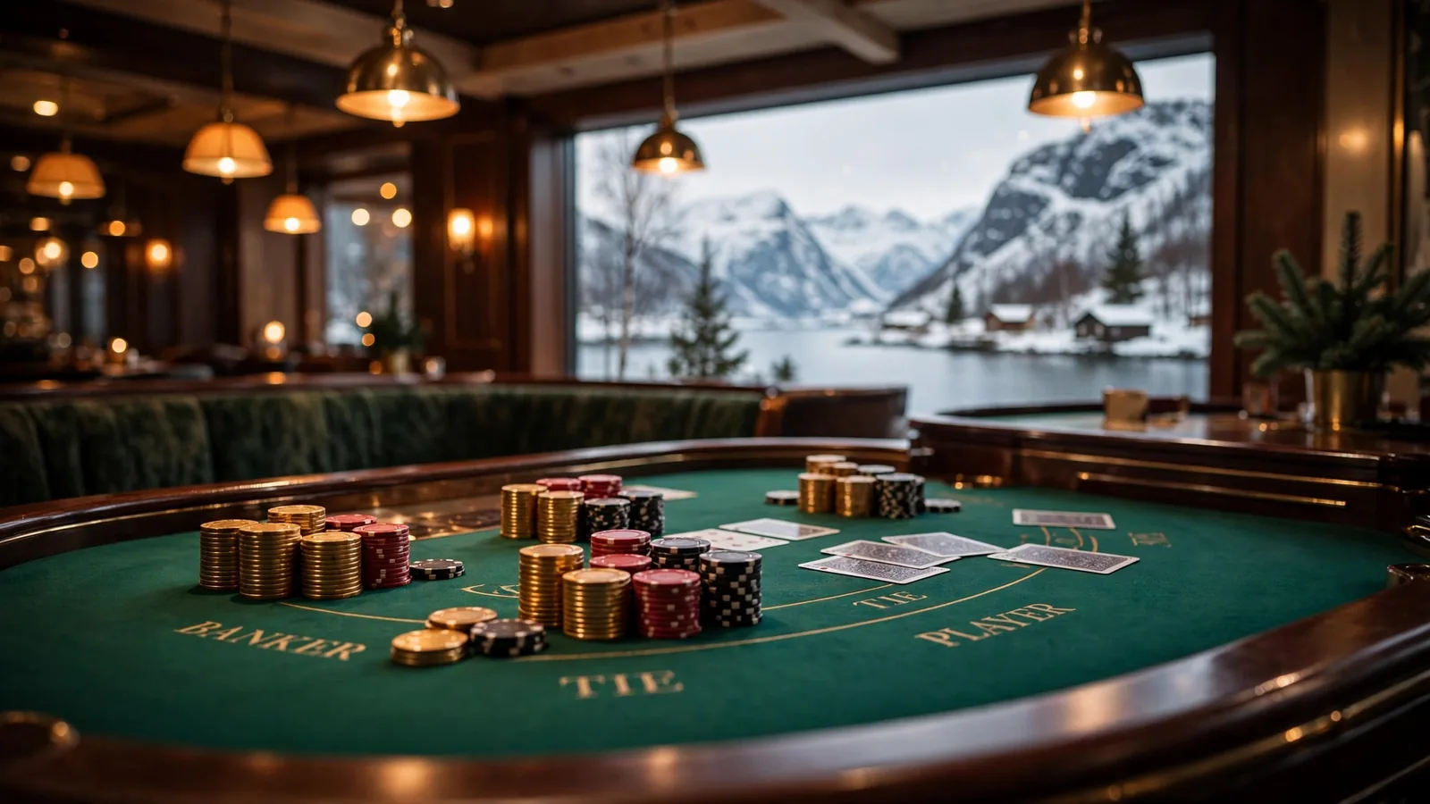 Elegant baccarat-bord med jetonger og kort i et eksklusivt casino