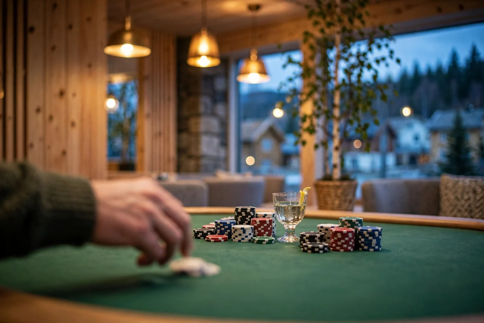 Elegant blackjack-bord i et norsk casino med jetonger og kort