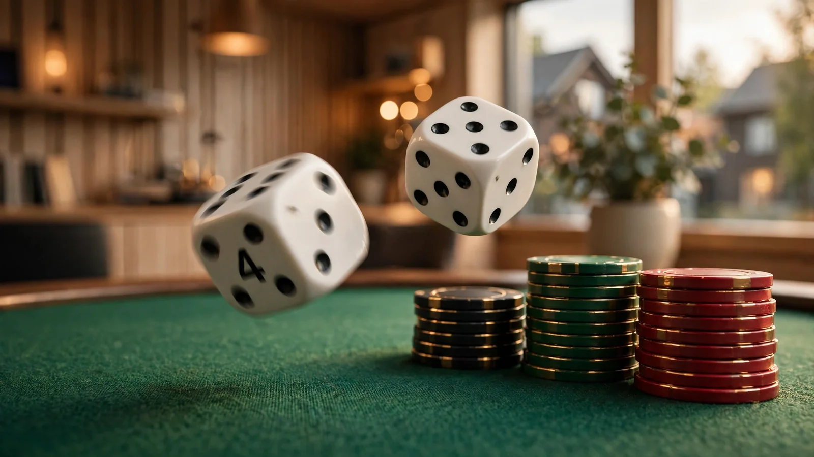 To terninger i kast over et grønt craps-bord med jetcasinojet farger