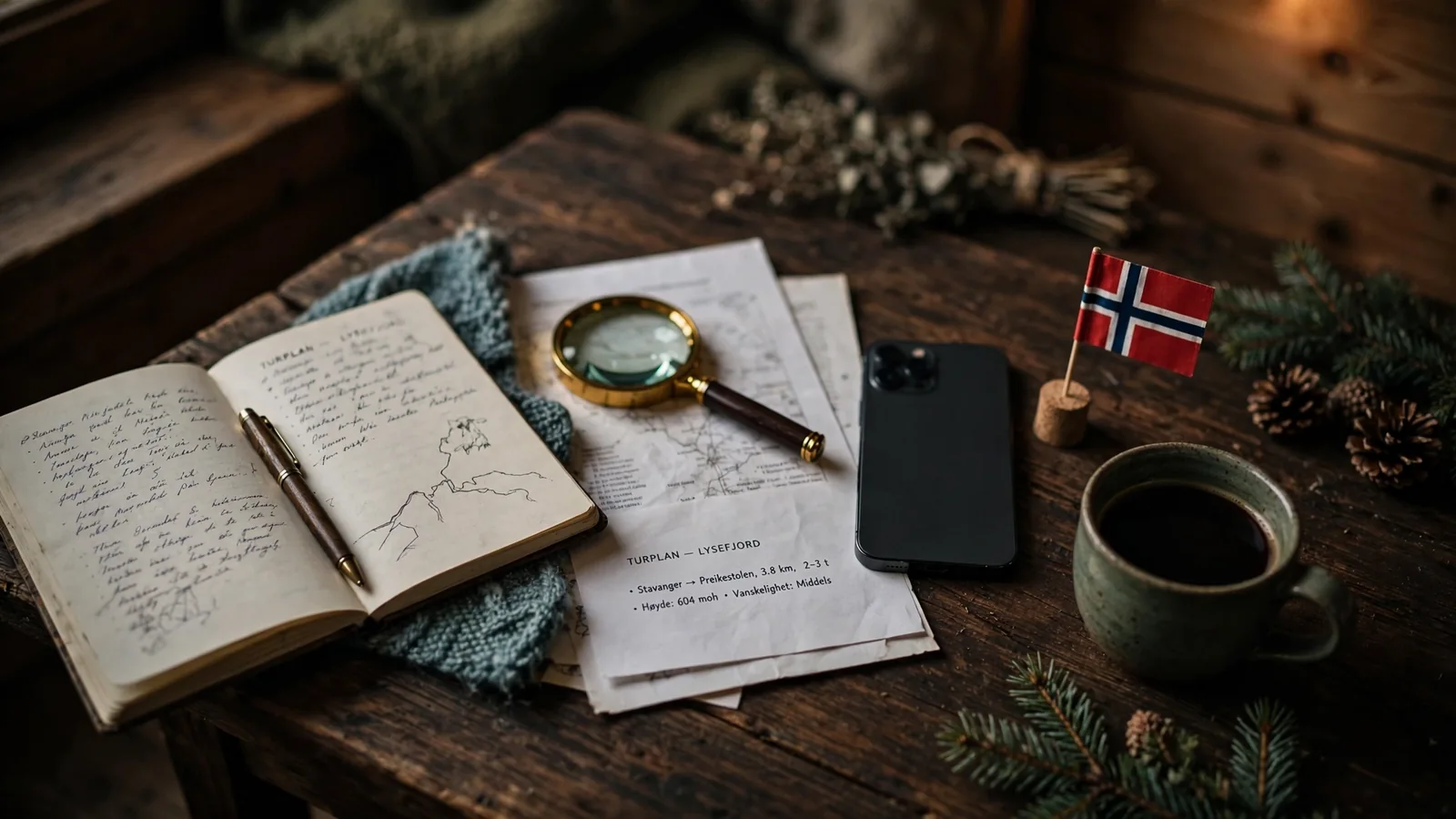 Skrivebord med notatbok, lupe og kaffekopp i norsk hytte