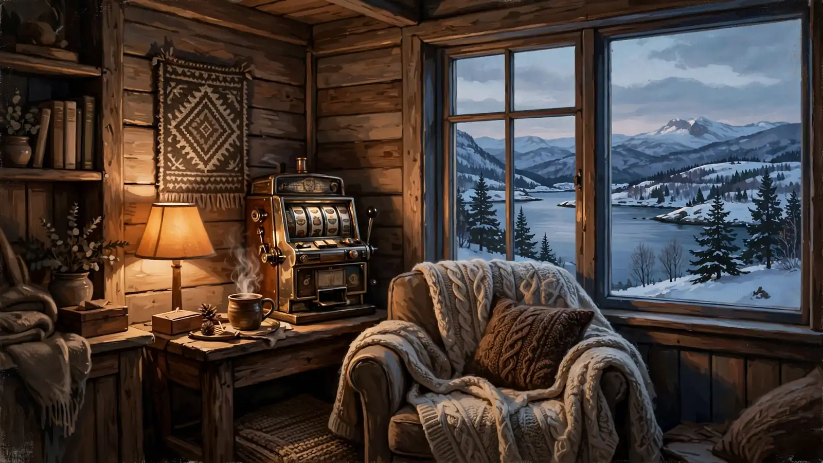 Norsk stue med gammel spilleautomat og utsikt over fjord