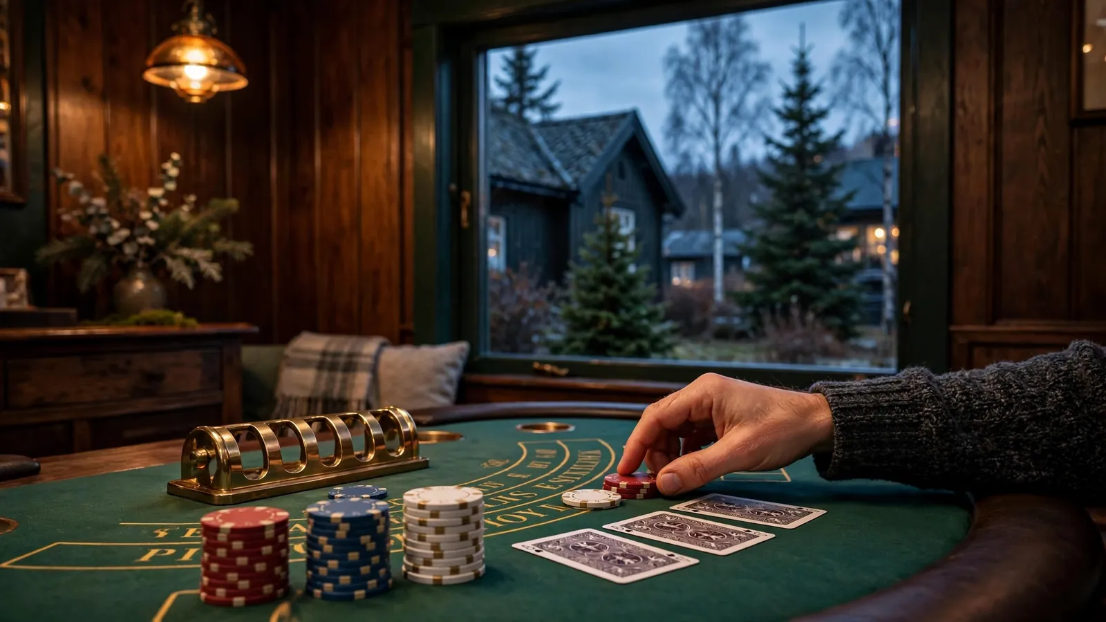 Blackjack-bord med jetonger og kort i norsk casinoatmosfære