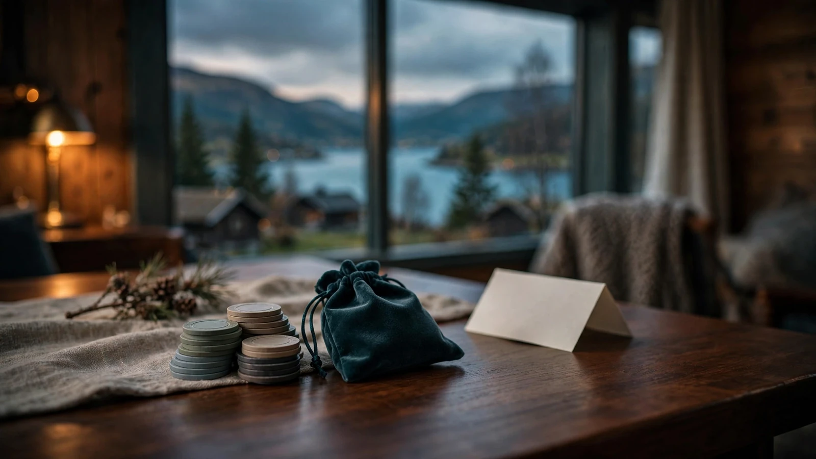 Bord med casinobrikker og en bonuskode ved utsikt over norsk fjord
