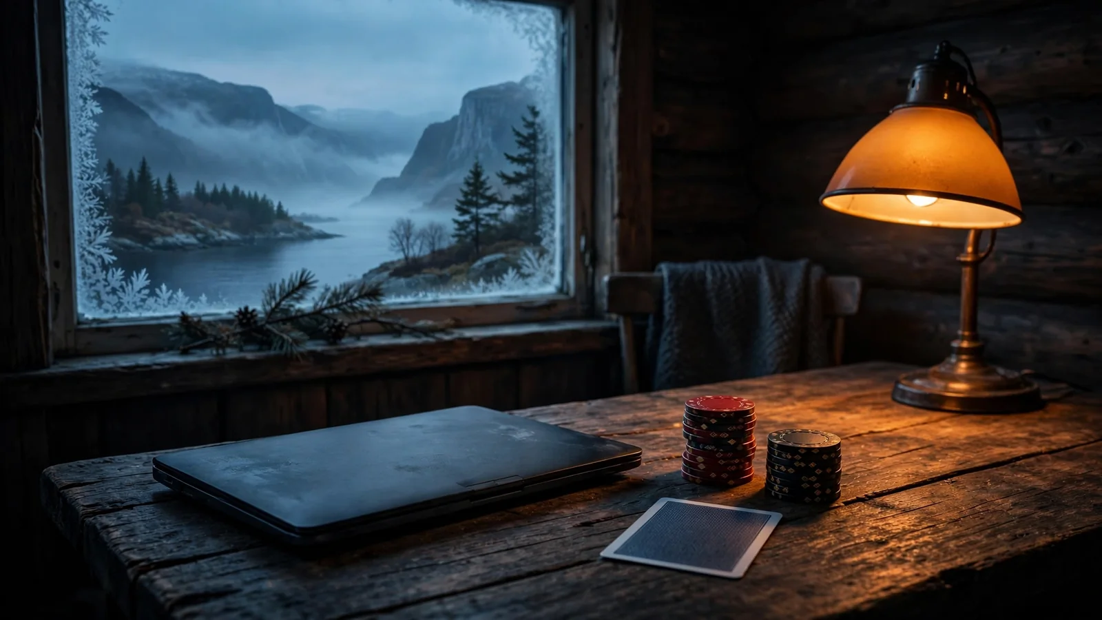 Stengt laptop og casinobrikker på trebord i norsk hytte ved fjord