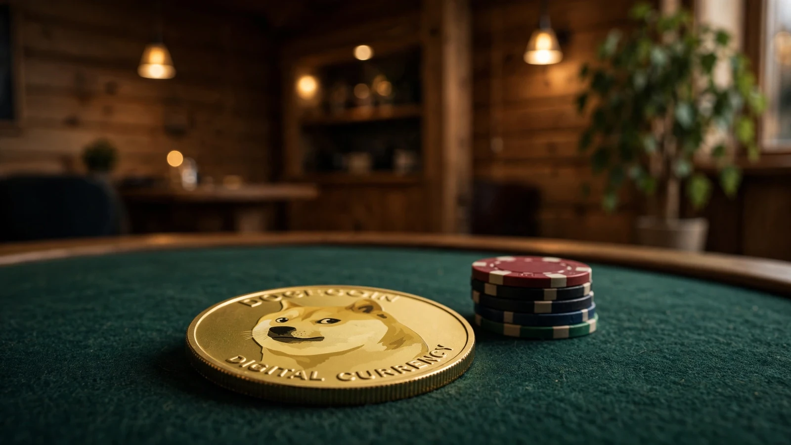 Dogecoin-mynt på casinobord med norsk interiør i bakgrunnen
