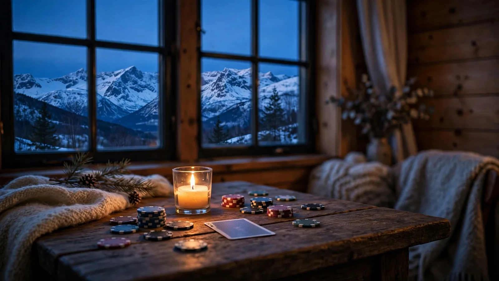 Norsk fjordlandskap med casinoklosser i en koselig hytte
