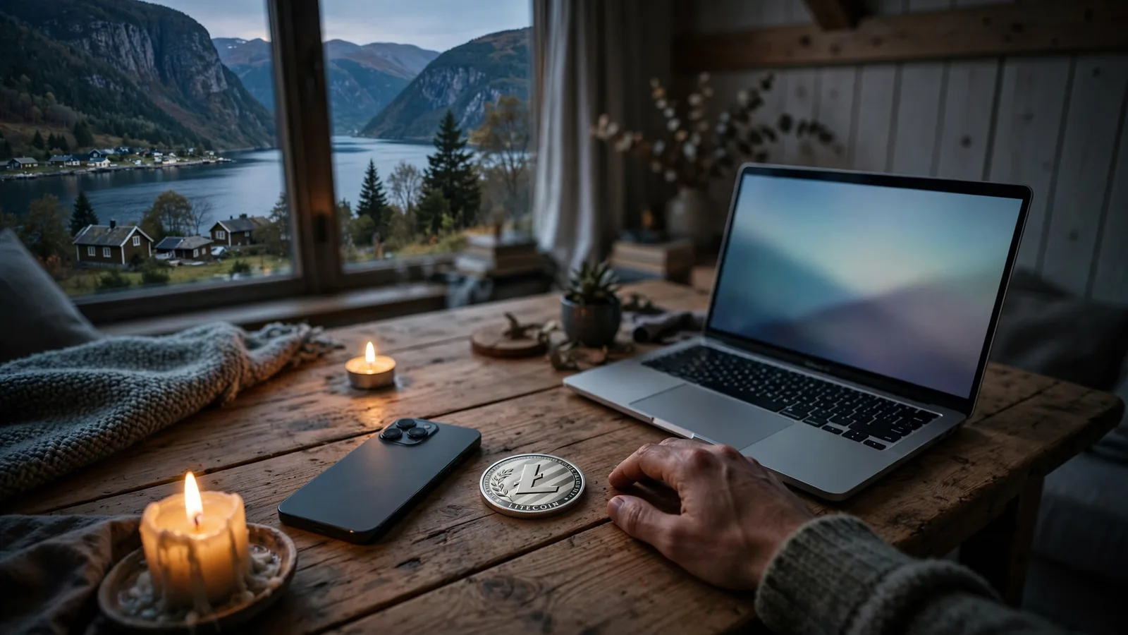 Litecoin-mynt og telefon i norsk stue med fjordutsikt