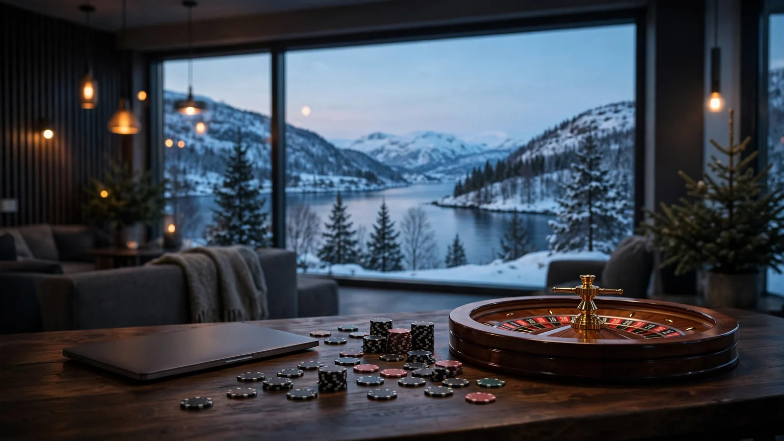 Moderne kryptocasino-lounge med sjetonger, ruletthjul og utsikt over norsk fjord