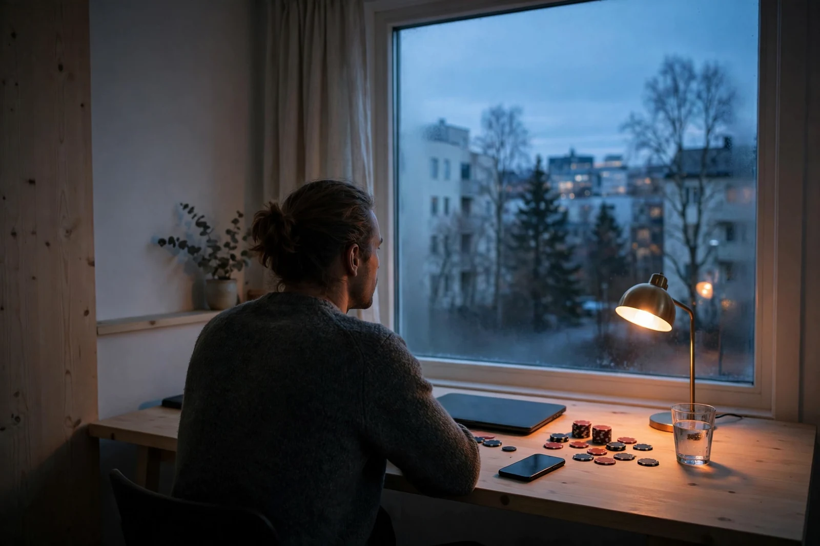 Person ved et skrivebord med lukket laptop og pokerjetonger i dempet nordisk lys