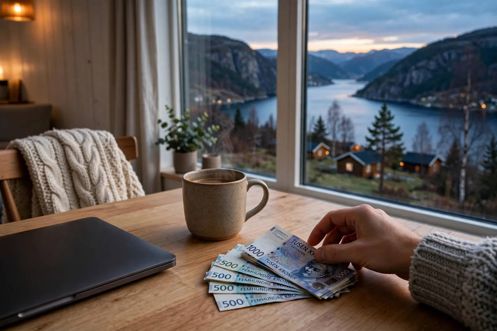 Hånd som strekker seg mot kontanter på et bord i en norsk stue ved skumring