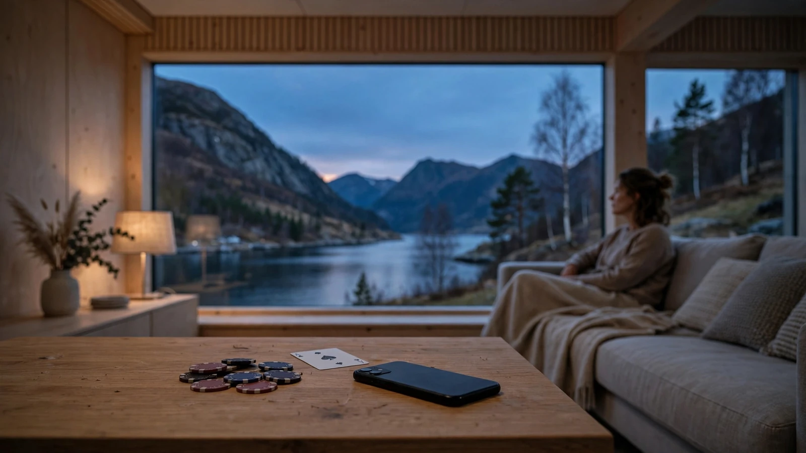 Kontemplativ scene i moderne norsk stue med casinobrikker og utsyn over fjord