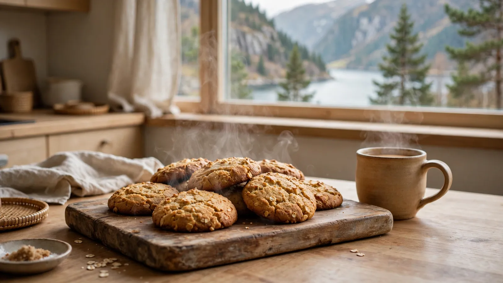 Nystekte skandinaviske cookies på en rustikk treplate i et koselig norsk kjøkken med fjordutsikt