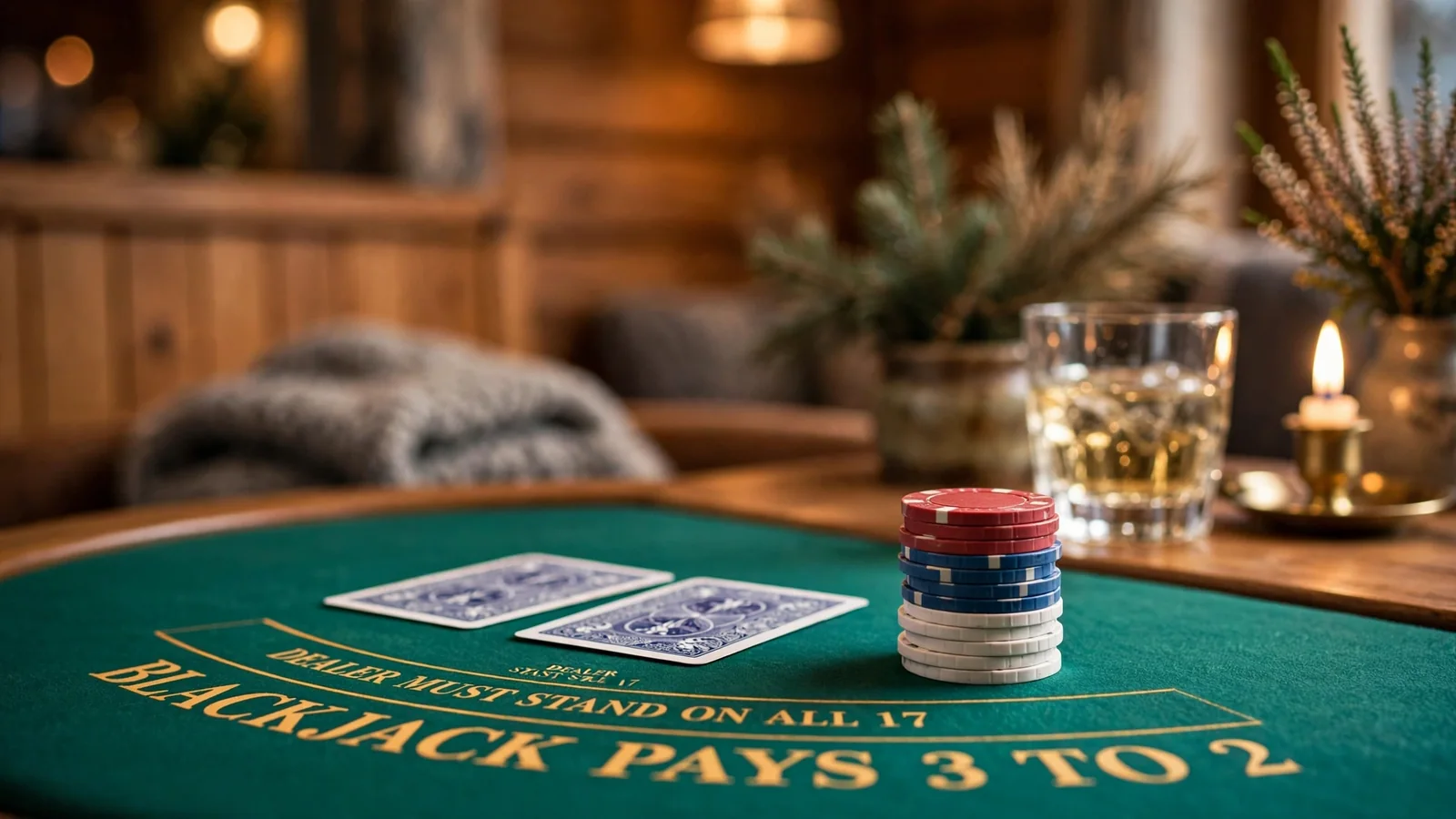 Blackjack-bord med jetonger og kort i en norsk lounge