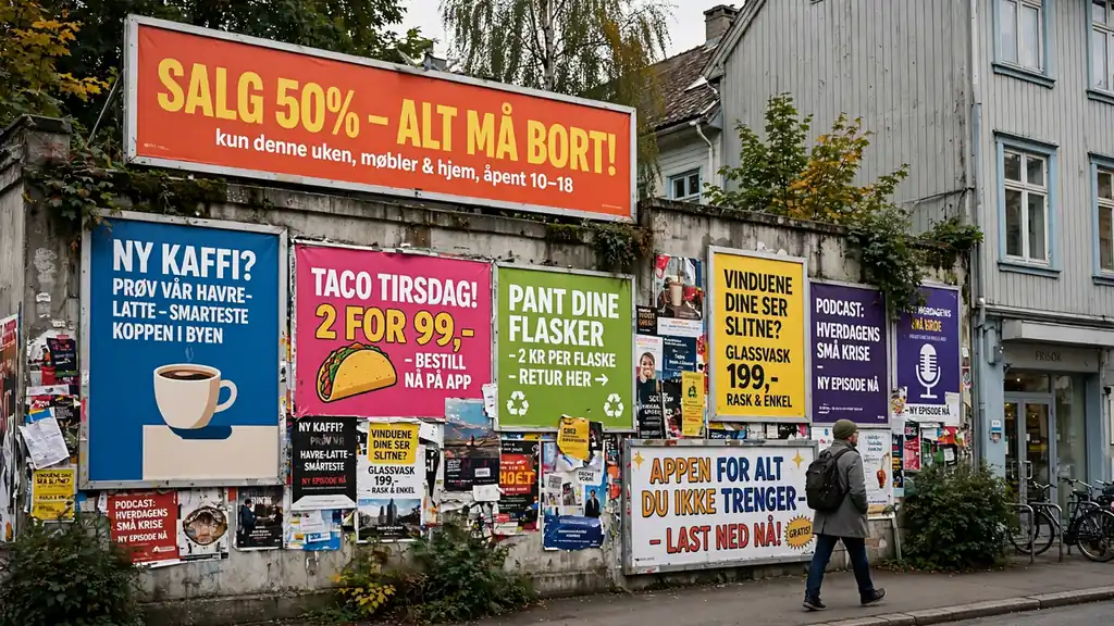 Store reklameplakater på en bygning med en forbipasserende