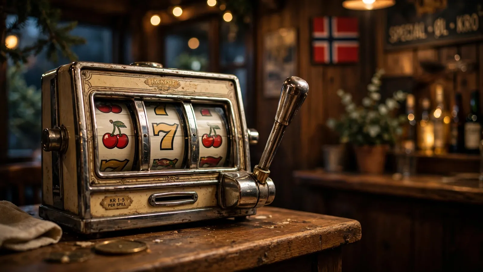 Klassisk trehjuls spilleautomat i en norsk pub
