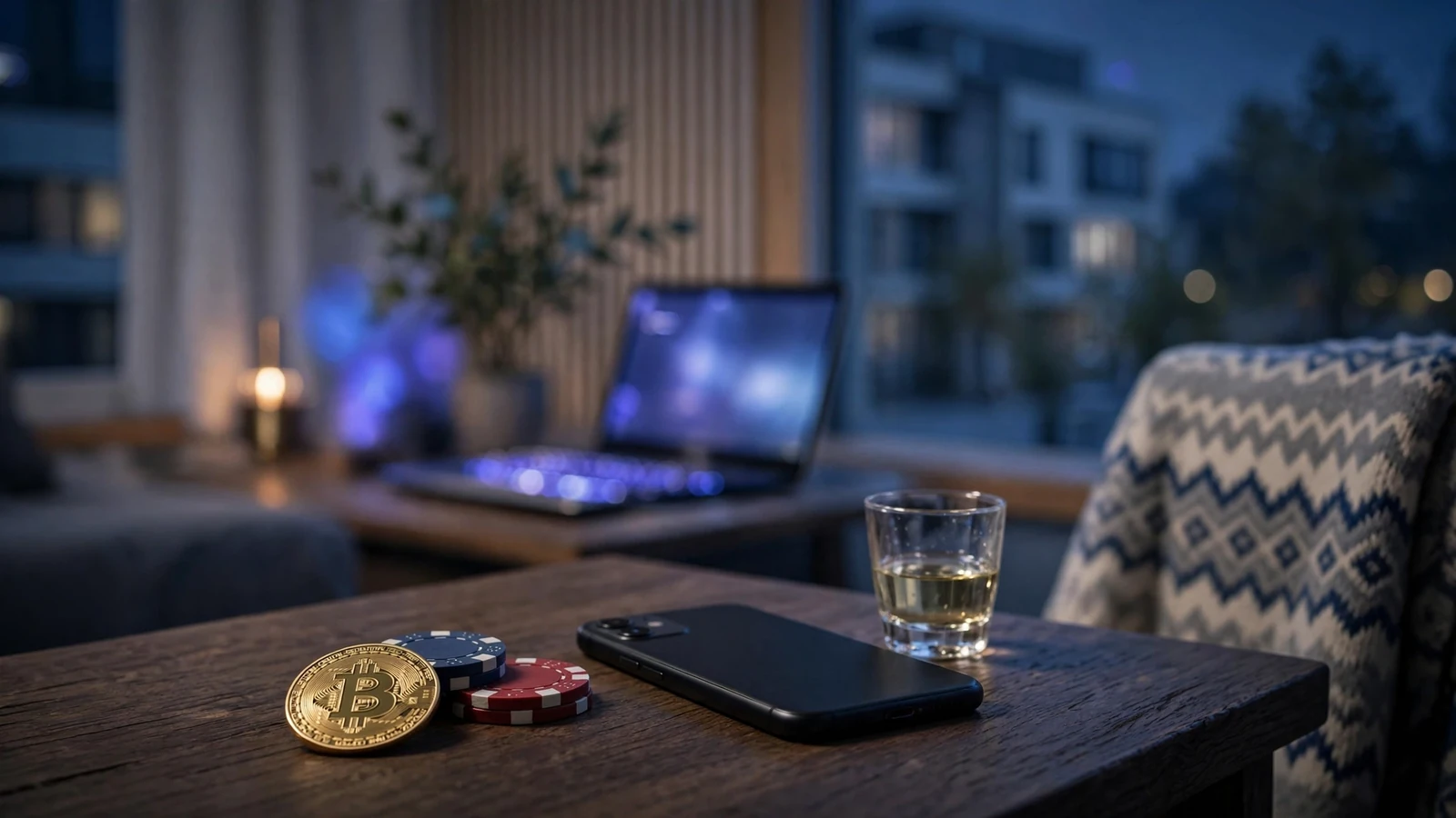 Bitcoin-token og casinojetonger på et nattbord med en mobil vendt ned, norsk interiør