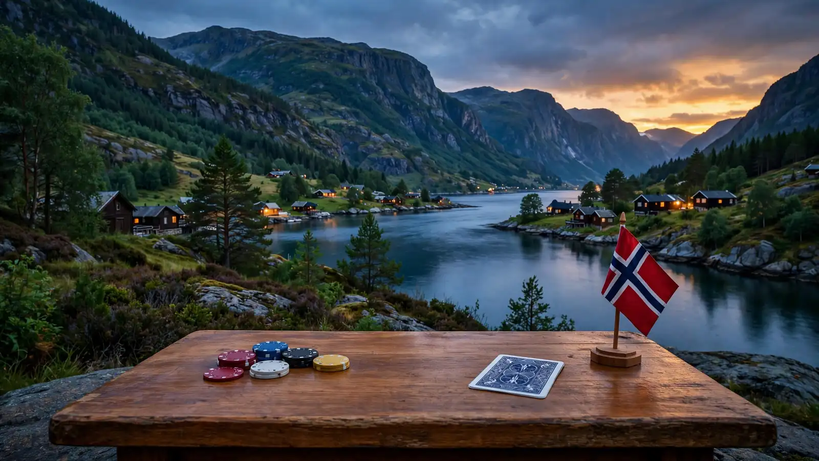 Norsk fjordlandskap ved skumring med casinobrikker og et norsk flagg på et trebord