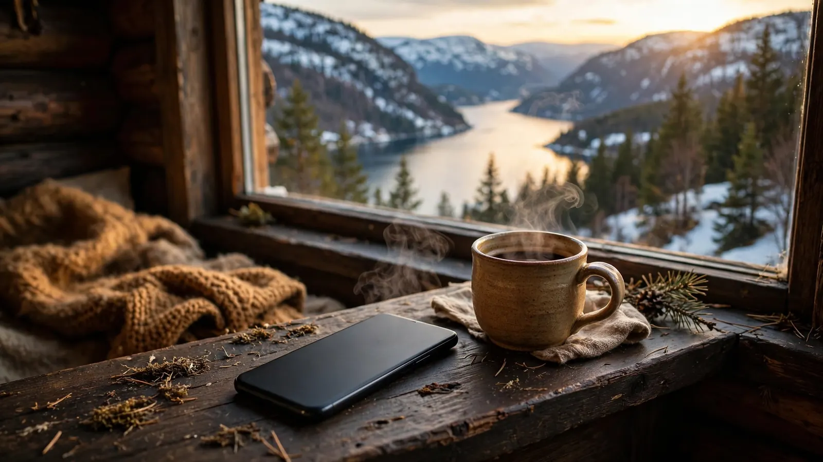Smarttelefon på vinduskarmen i en norsk hytte med utsikt over fjord og fjell