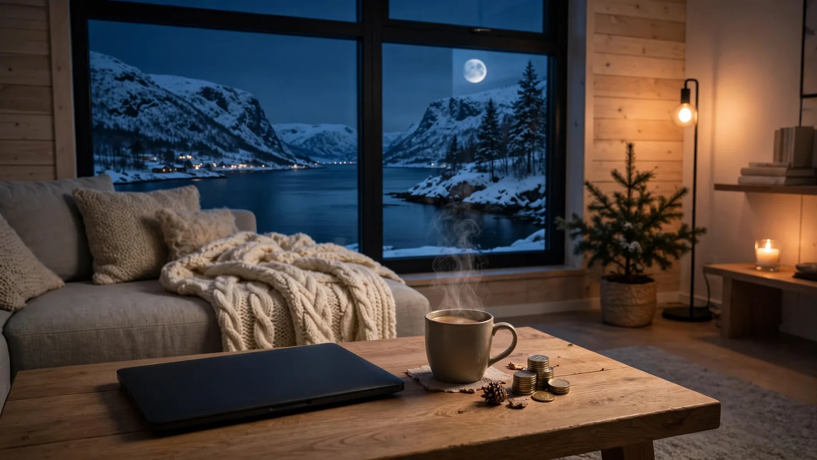 Koselig norsk stue med kaffe og laptop ved vinduet
