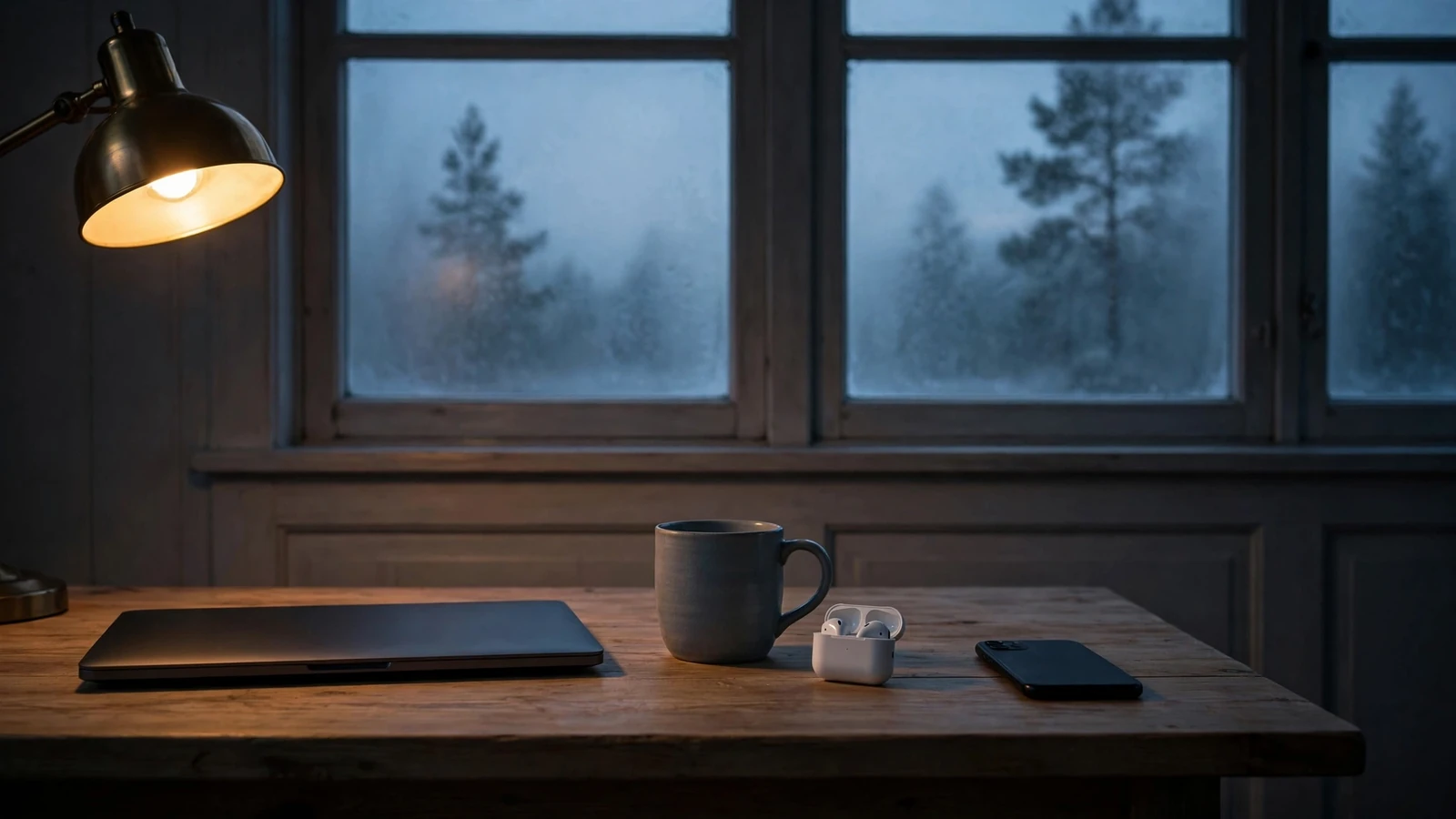 Skrivebord med lukket laptop og telefonen snudd ned ved et frostet vindu i skumringen