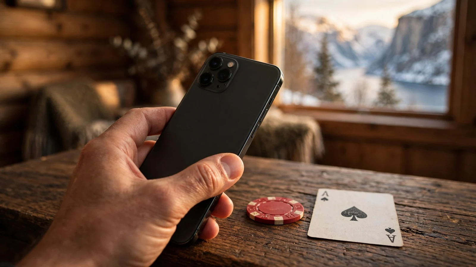 Hånd med iPhone, casinobrikke og kort på trebord med norsk fjord i bakgrunnen
