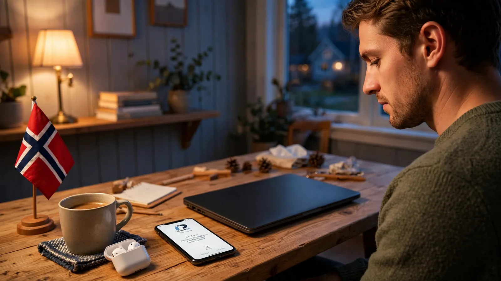Mann ved skrivebord med BankID-app på telefon
