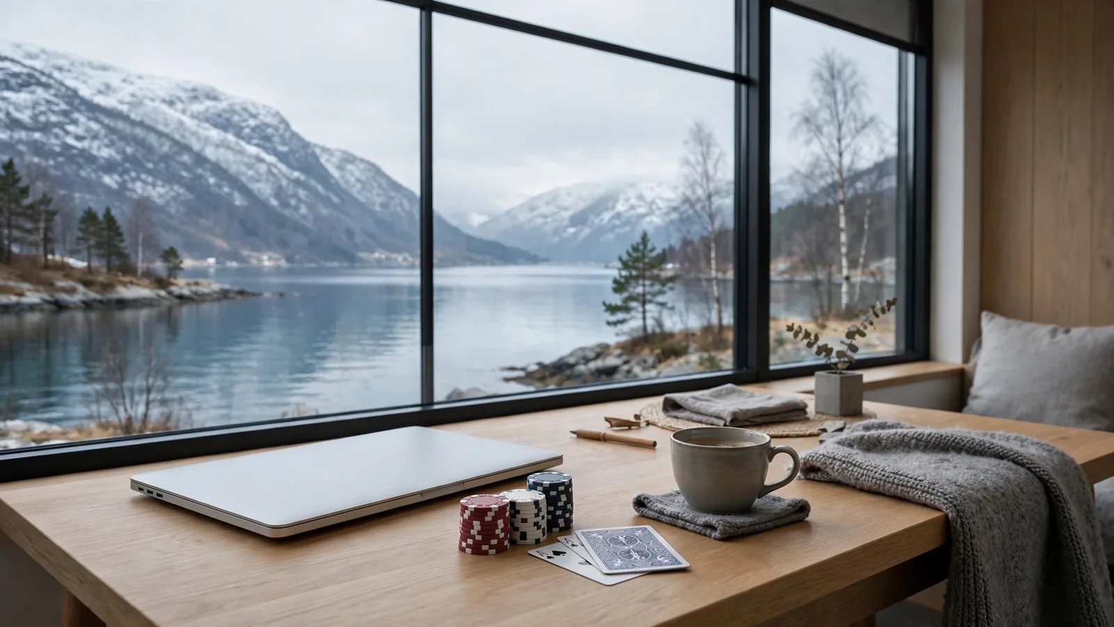 Skandinavisk hjemmekontor med bærbar PC, casinobrikker og kort, fjord i bakgrunnen