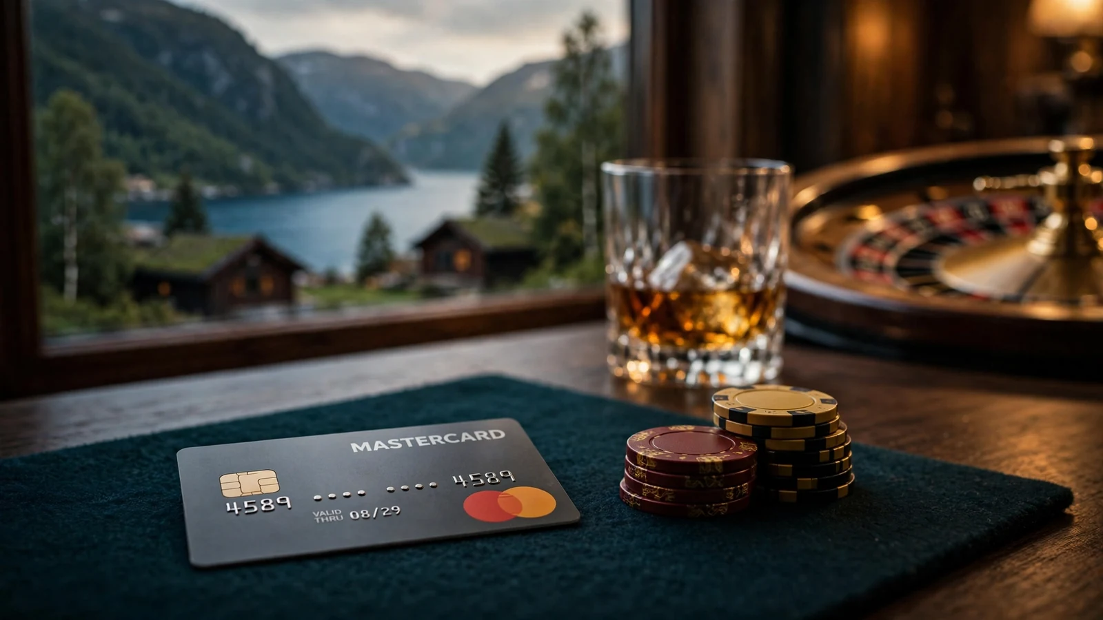 Mastercard-kort med casinobrikker på mørkt skrivebord, norsk fjord i bakgrunnen