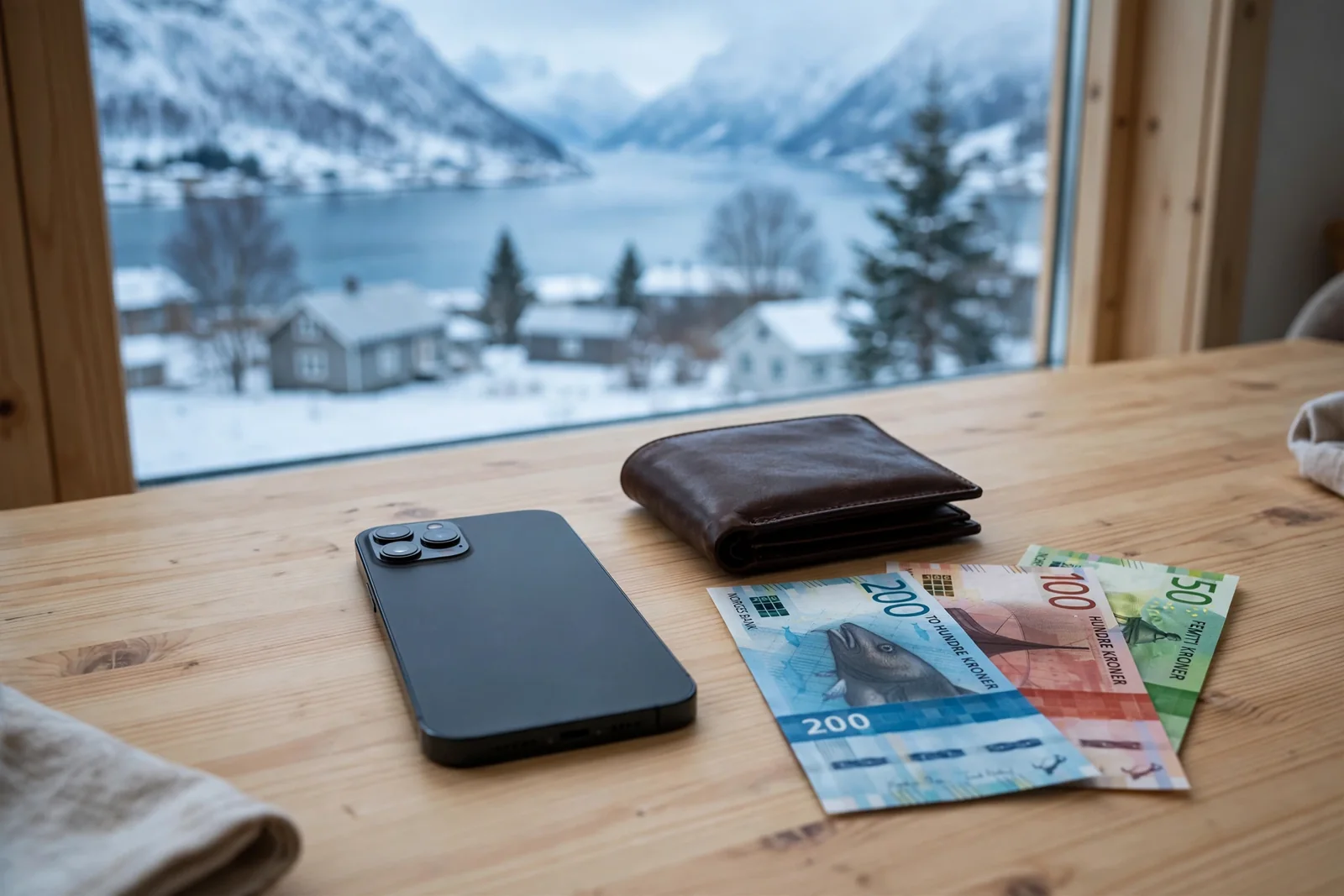 Smarttelefon med lommebok og norske kroner ved et fjordvindu