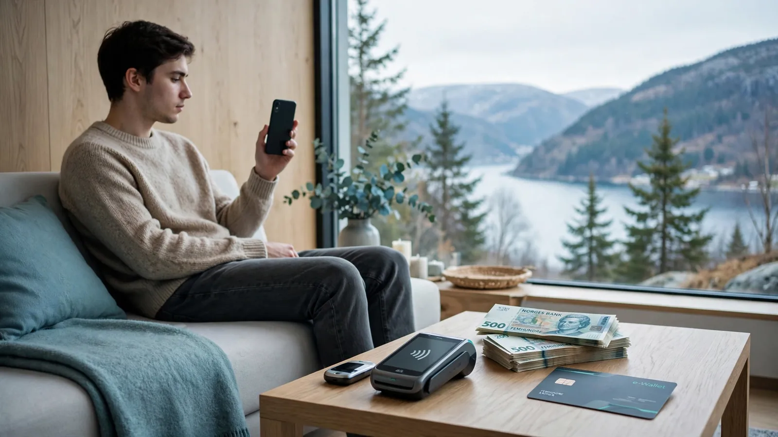Person med smarttelefon og kontaktløs betalingsenhet i moderne norsk stue
