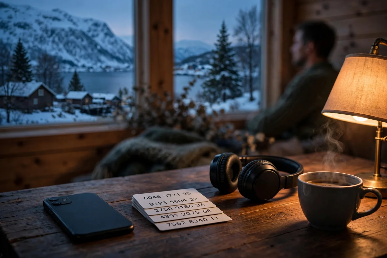Neosurf-prepaidkuponger på et mørkt bord med telefon og norsk fjord-vindu i bakgrunnen