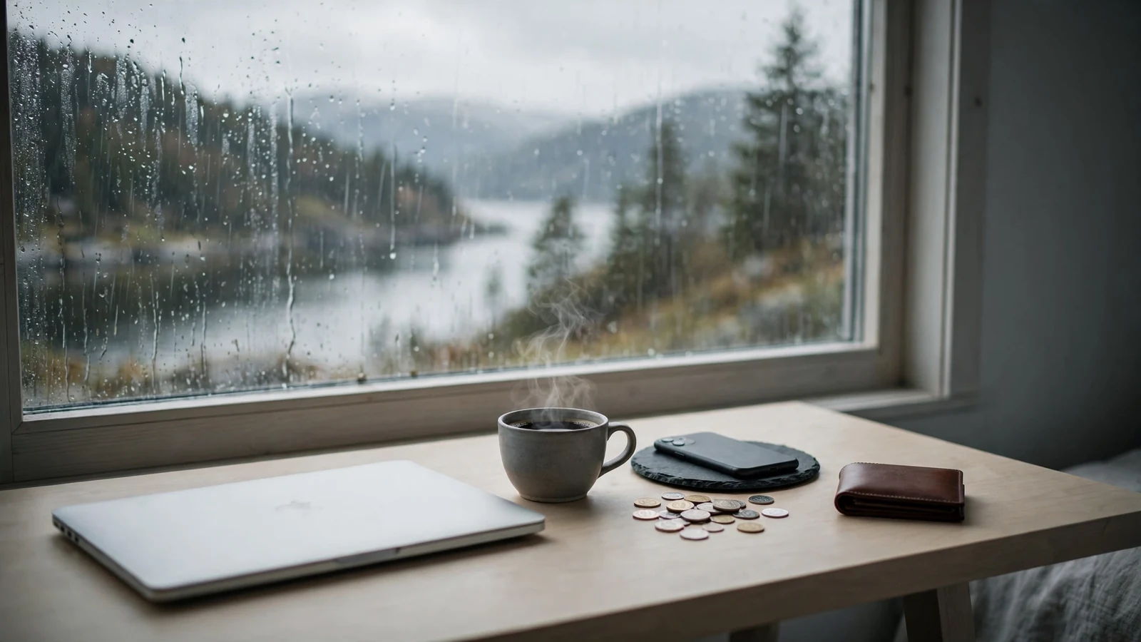 Moderne nordisk arbeidsplass med laptop, kaffe og fjordutsikt i regn