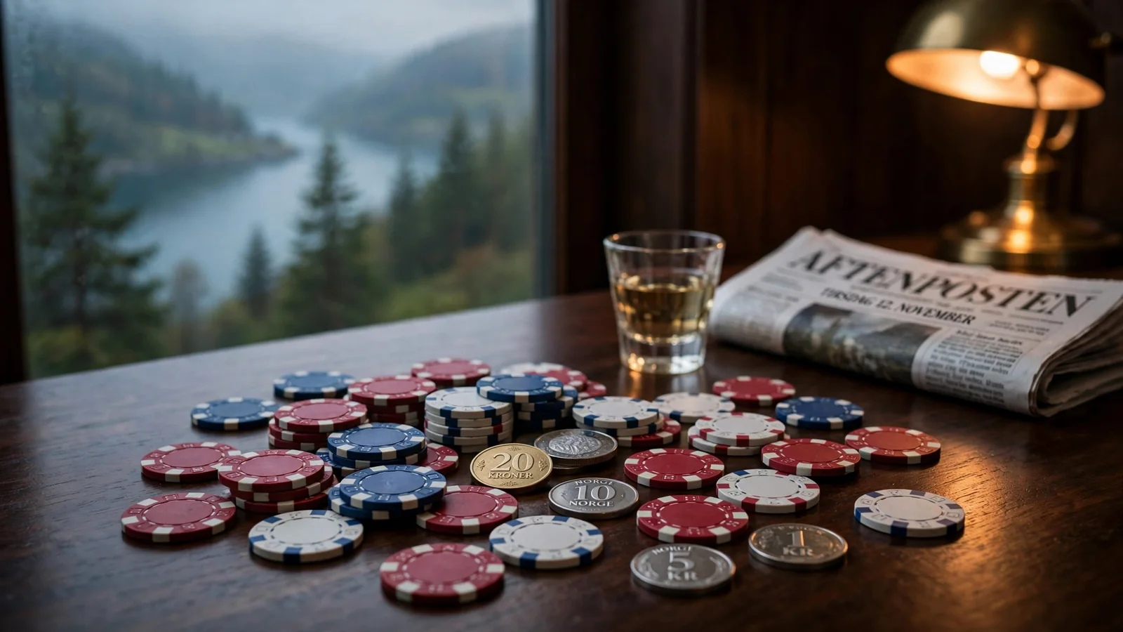 Casinojetonger og mynter på et mørkt trebord med norsk fjord i bakgrunnen