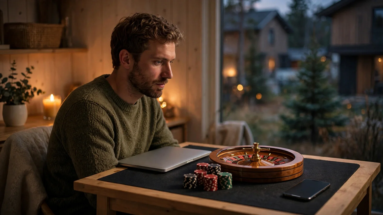 Mann ved skrivebord med casinobrikker og lukket bærbar PC
