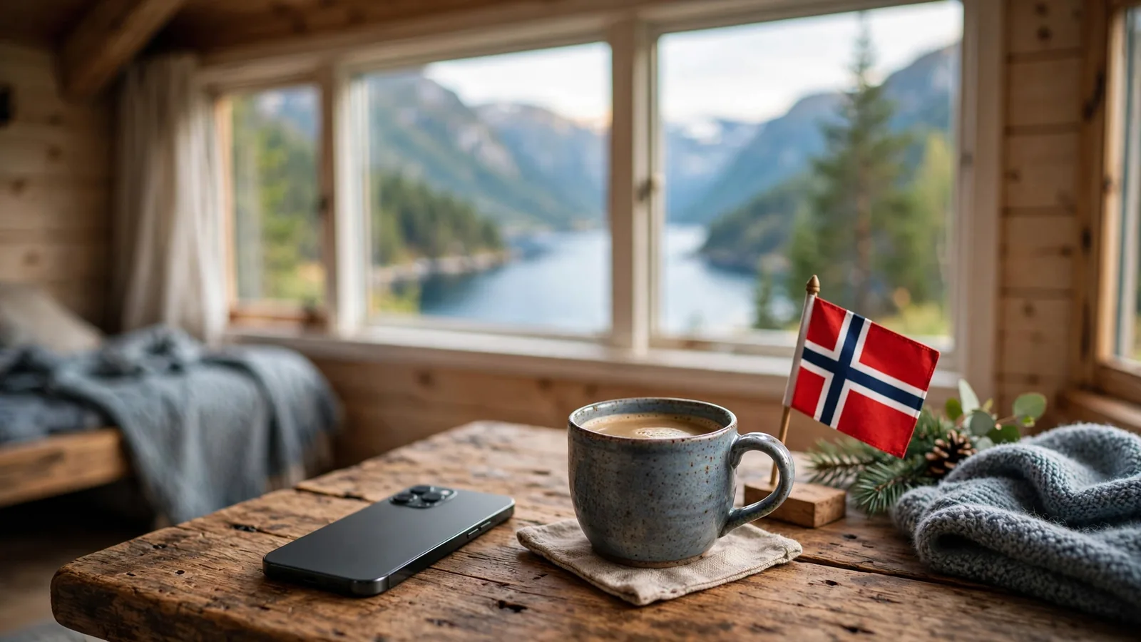 Smarttelefon på trebord i en norsk hytte med fjord i bakgrunnen