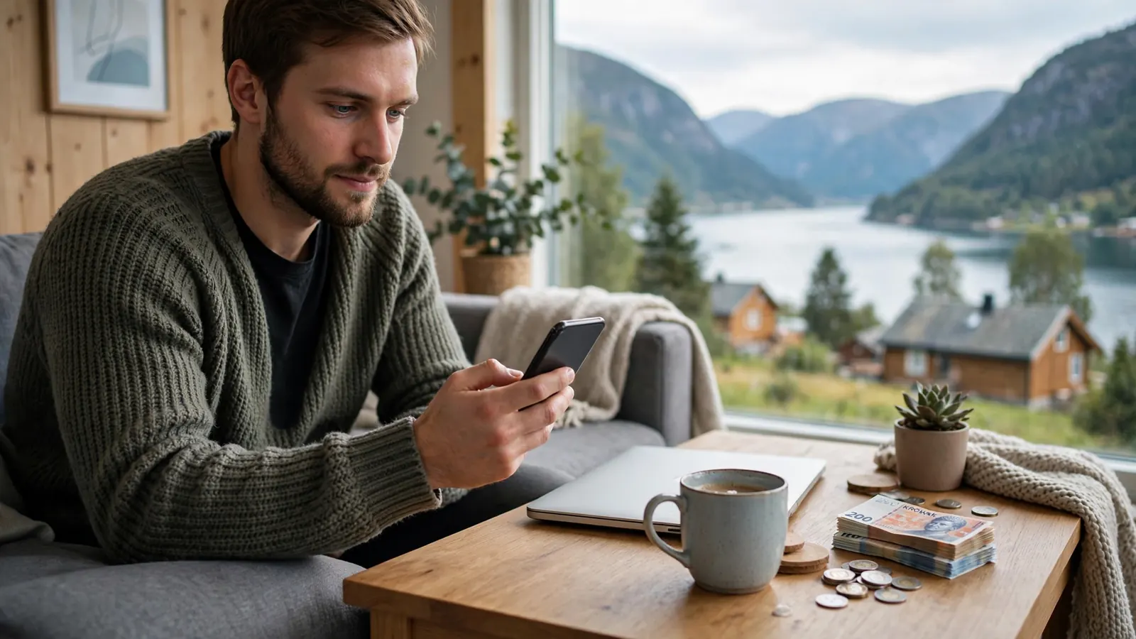 Mann venter på uttak fra casino på telefonen hjemme