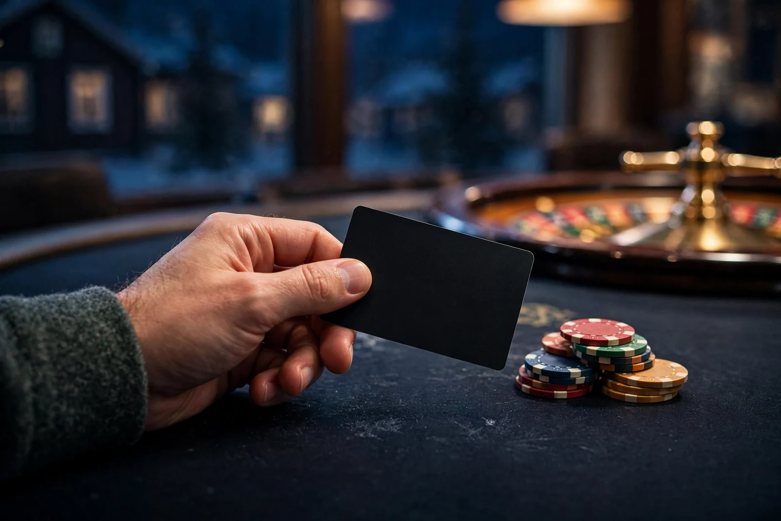 Hånd som holder et Visakort over et casinobord med jetonger og rulett
