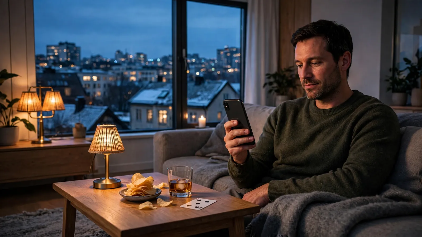 Person med iPhone i en norsk stue om kvelden