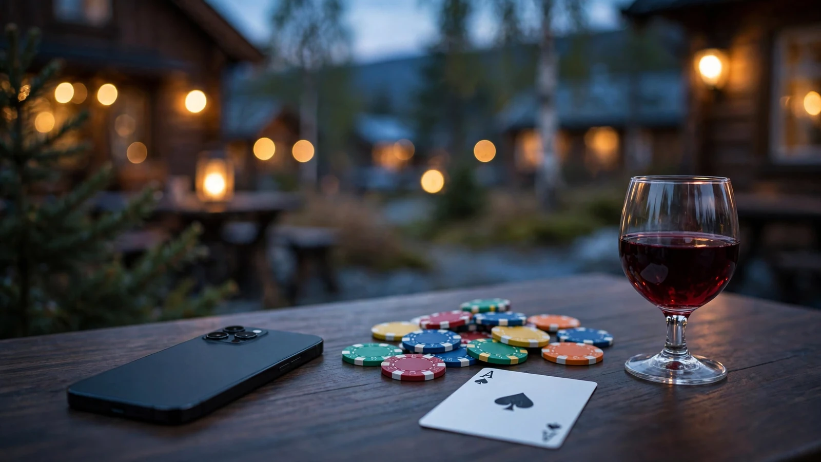 Smartphone med casinospill vendt ned, ved siden av jetonger og ess på et mørkt bord
