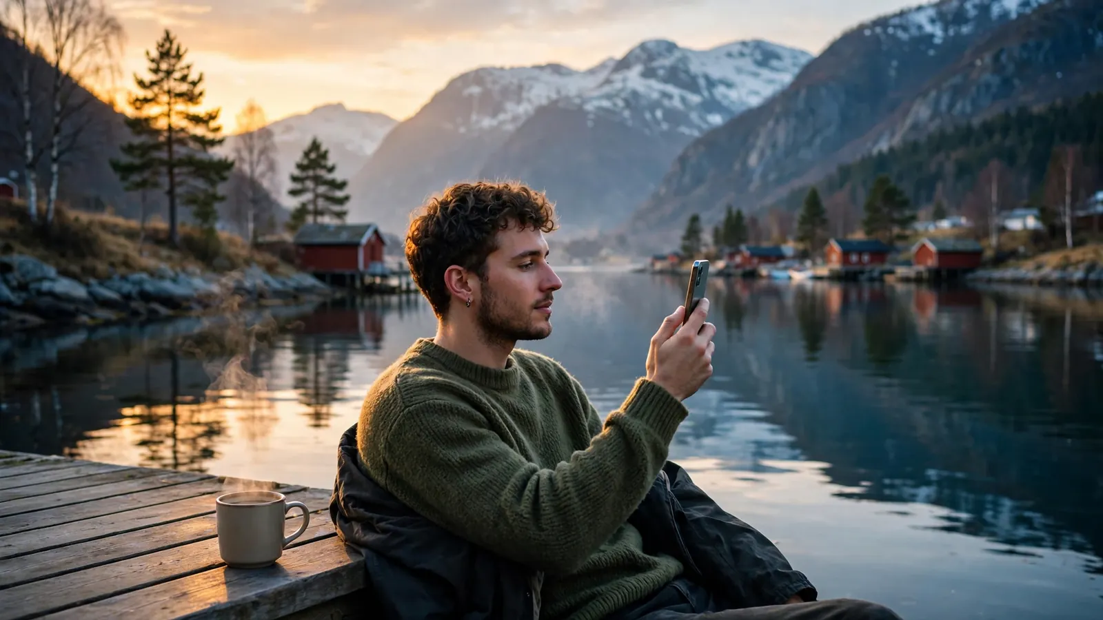 Person som holder en smarttelefon ved en norsk fjord i gylden kveldssol