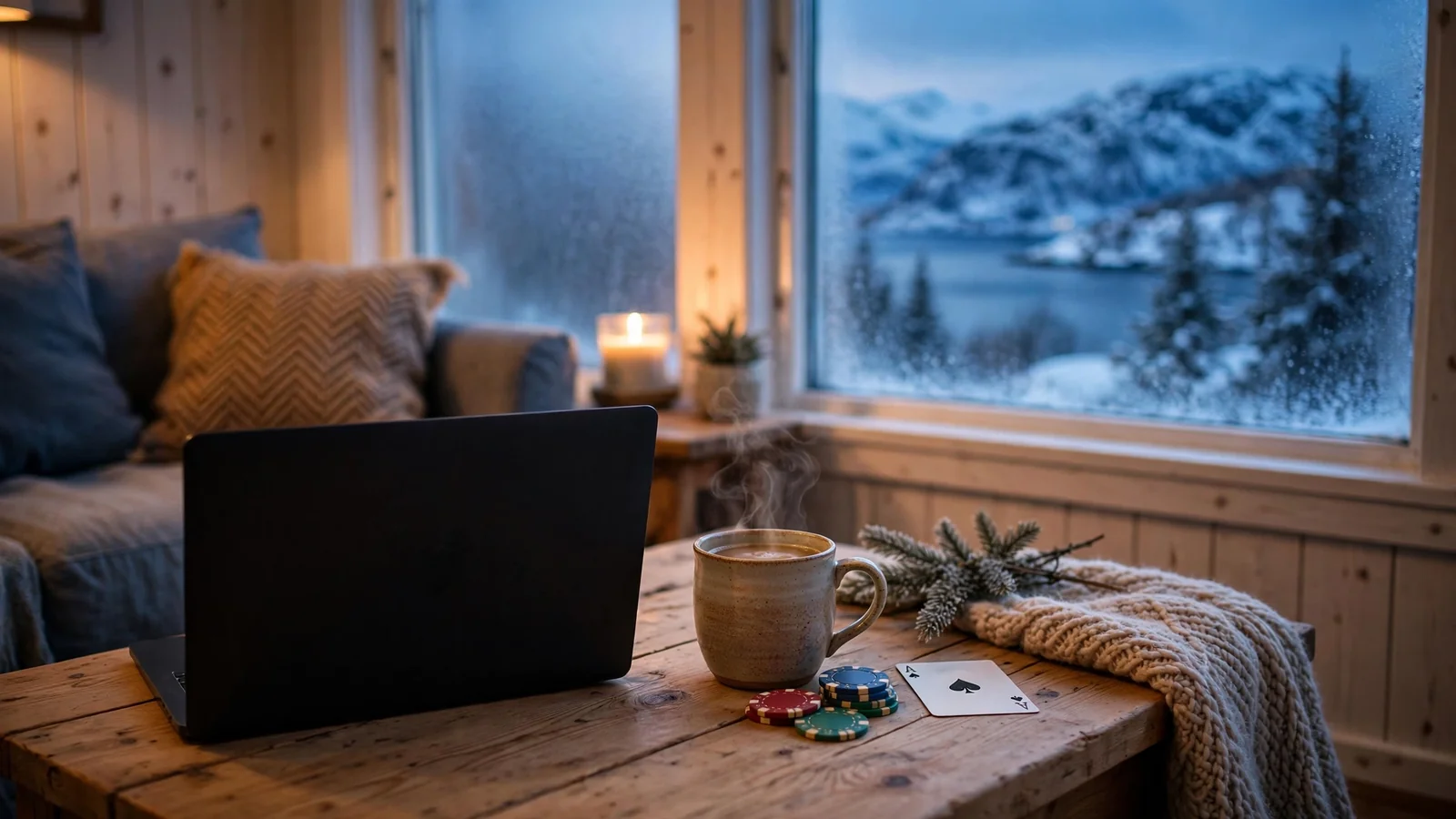 Norsk stue med laptop, spillebrikker og kaffekopp