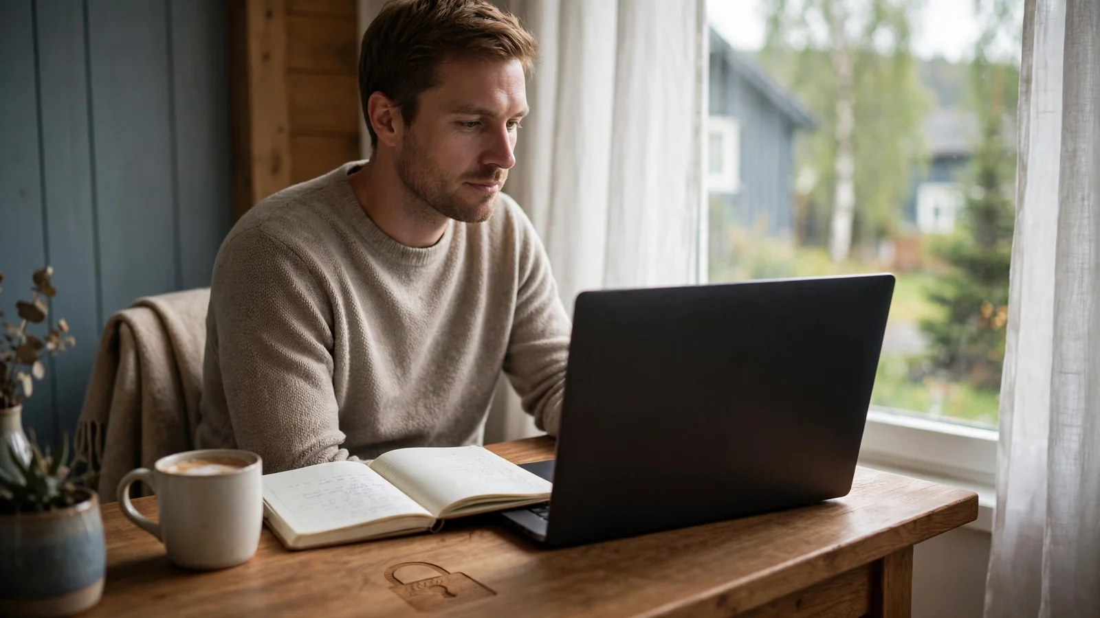 Person ved skrivebord med bærbar PC, symboliserer personvern og datasikkerhet