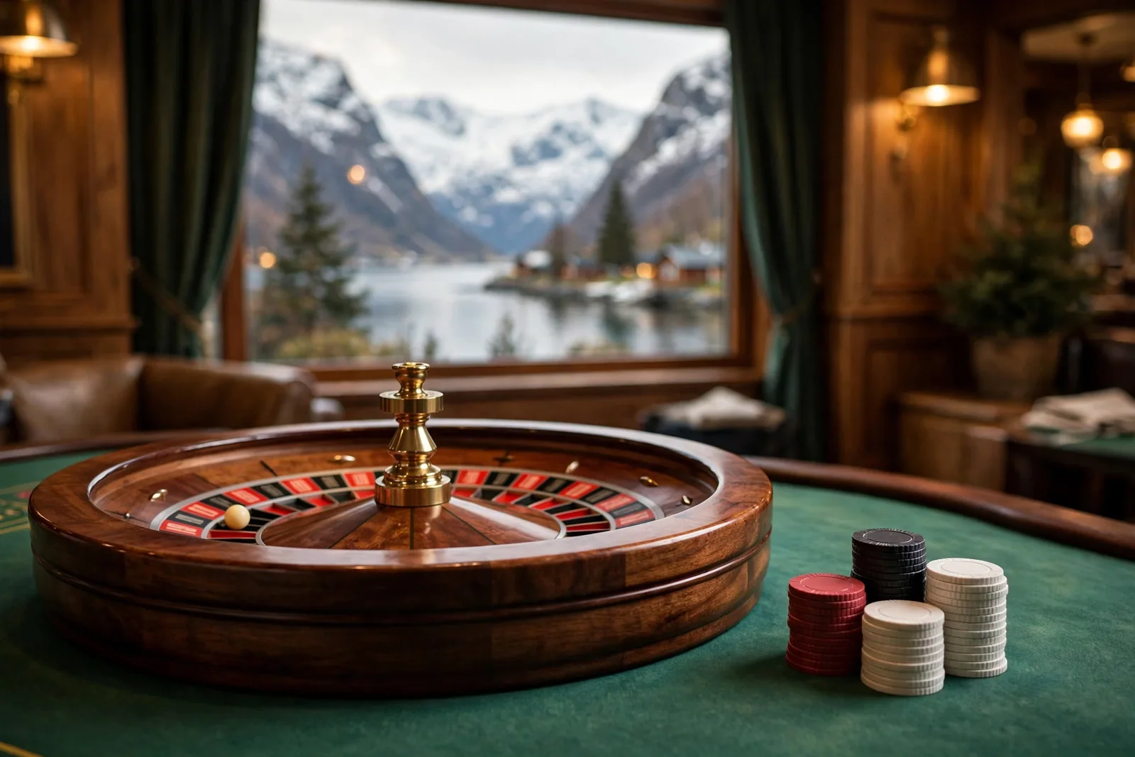 Roulettehjul med jetonger på et casino-bord i Norge